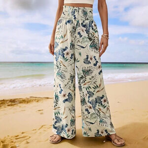 🆕2XL Floral Print High Waist Wide-Leg Spring Summer Beach Pants Boho Chic Style